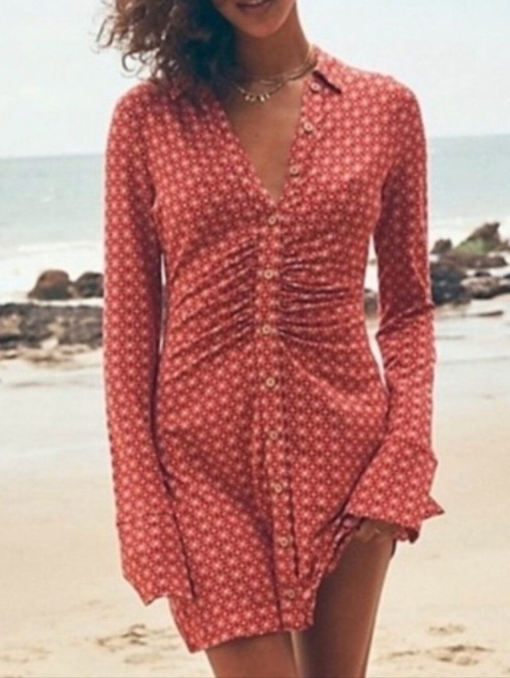 Free People Shayla Mini Dress Red Micro-Print Button Mini Dress - Picture 2 of 13